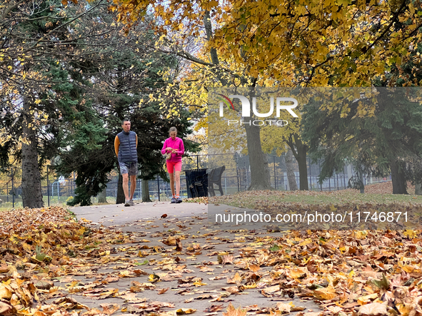 People wear shorts and walk in a park among colorful trees during the autumn season in Toronto, Ontario, Canada, on November 5, 2024. Toront...