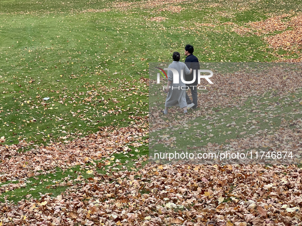 People walk in a park among colorful leaves during the autumn season in Toronto, Ontario, Canada, on November 5, 2024. Toronto breaks a 65-y...