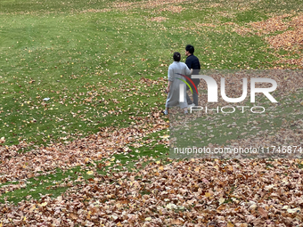 People walk in a park among colorful leaves during the autumn season in Toronto, Ontario, Canada, on November 5, 2024. Toronto breaks a 65-y...