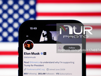 American flag displayed on a laptop screen and Elon Musk account on X displayed on a phone screen are seen in this illustration photo taken...