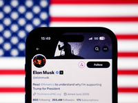 American flag displayed on a laptop screen and Elon Musk account on X displayed on a phone screen are seen in this illustration photo taken...