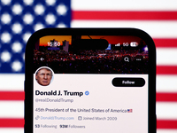 American flag displayed on a laptop screen and Donald Trump account on X displayed on a phone screen are seen in this illustration photo tak...