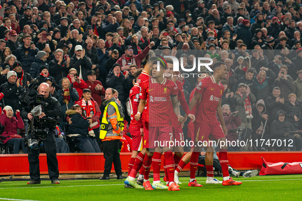 Liverpool's Luis Diaz celebrates after scoring during the UEFA Champions League 2024/25 League Phase MD4 match between Liverpool and Bayer L...