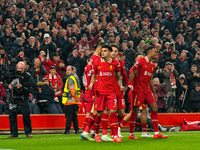 Liverpool's Luis Diaz celebrates after scoring during the UEFA Champions League 2024/25 League Phase MD4 match between Liverpool and Bayer L...