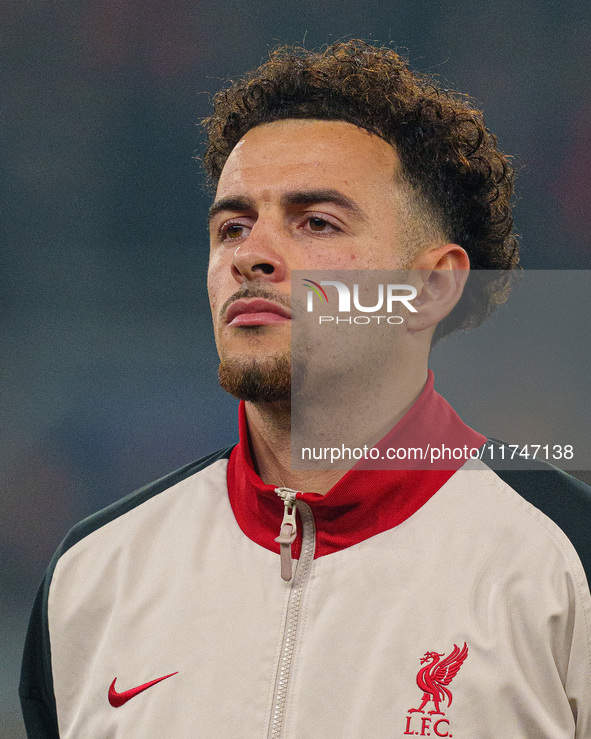 Curtis Jones of Liverpool participates in the UEFA Champions League 2024/25 League Phase MD4 match between Liverpool and Bayer Leverkusen at...