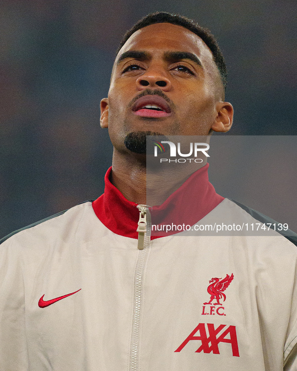 Ryan Gravenberch of Liverpool plays during the UEFA Champions League 2024/25 League Phase MD4 match between Liverpool and Bayer Leverkusen a...