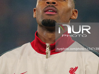 Ryan Gravenberch of Liverpool plays during the UEFA Champions League 2024/25 League Phase MD4 match between Liverpool and Bayer Leverkusen a...