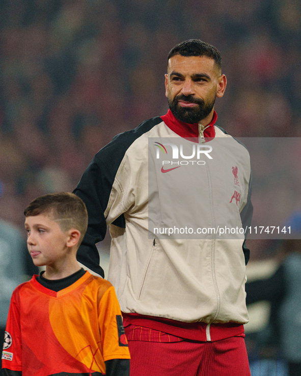 Mohamed Salah of Liverpool plays during the UEFA Champions League 2024/25 League Phase MD4 match between Liverpool and Bayer Leverkusen at A...