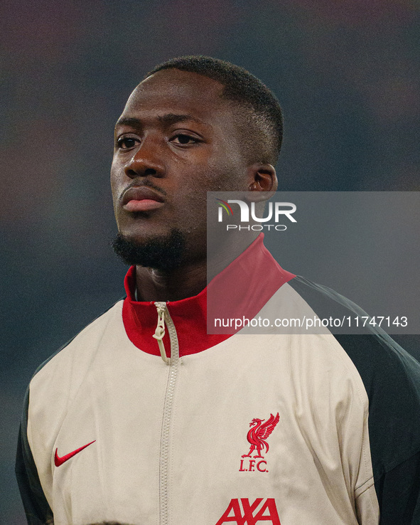 Ibrahima Konate of Liverpool plays during the UEFA Champions League 2024/25 League Phase MD4 match between Liverpool and Bayer Leverkusen at...