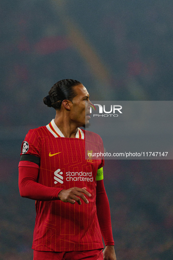 Liverpool's Virgil van Dijk participates in the UEFA Champions League 2024/25 League Phase MD4 match between Liverpool and Bayer Leverkusen...