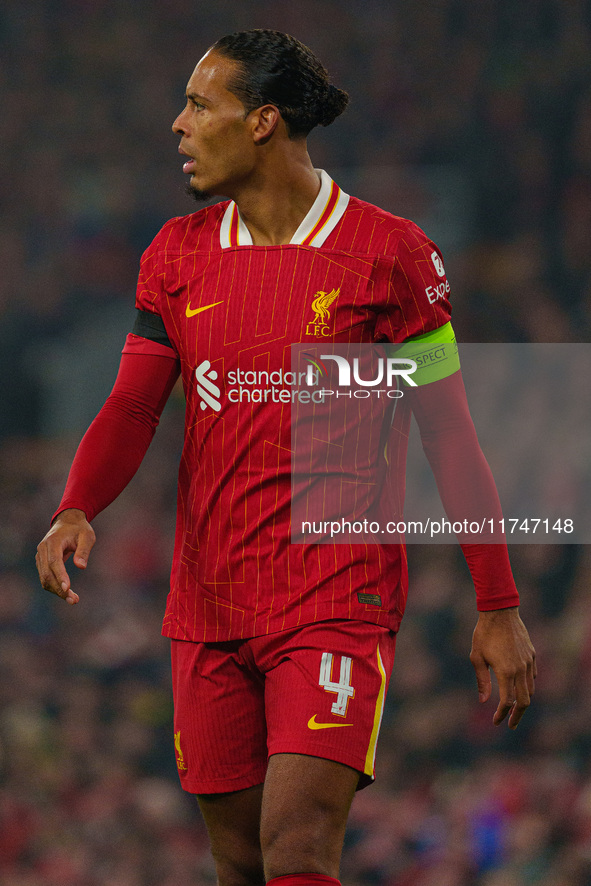 Liverpool's Virgil van Dijk participates in the UEFA Champions League 2024/25 League Phase MD4 match between Liverpool and Bayer Leverkusen...