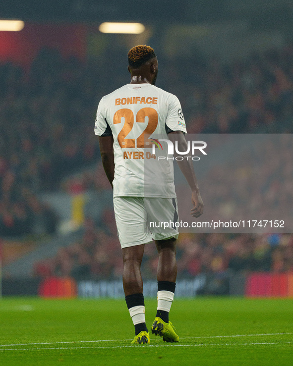 Victor Boniface of Bayer Leverkusen participates in the UEFA Champions League 2024/25 League Phase MD4 match between Liverpool and Bayer Lev...