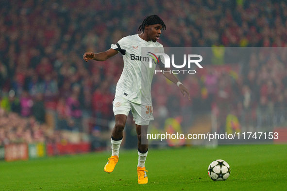 Jeremie Frimpong of Bayer Leverkusen is in action during the UEFA Champions League 2024/25 League Phase MD4 match between Liverpool and Baye...