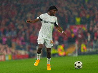 Jeremie Frimpong of Bayer Leverkusen is in action during the UEFA Champions League 2024/25 League Phase MD4 match between Liverpool and Baye...