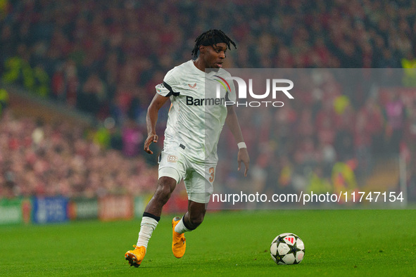 Jeremie Frimpong of Bayer Leverkusen is in action during the UEFA Champions League 2024/25 League Phase MD4 match between Liverpool and Baye...