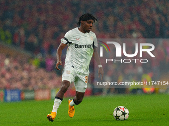 Jeremie Frimpong of Bayer Leverkusen is in action during the UEFA Champions League 2024/25 League Phase MD4 match between Liverpool and Baye...