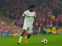 Jeremie Frimpong of Bayer Leverkusen is in action during the UEFA Champions League 2024/25 League Phase MD4 match between Liverpool and Baye...