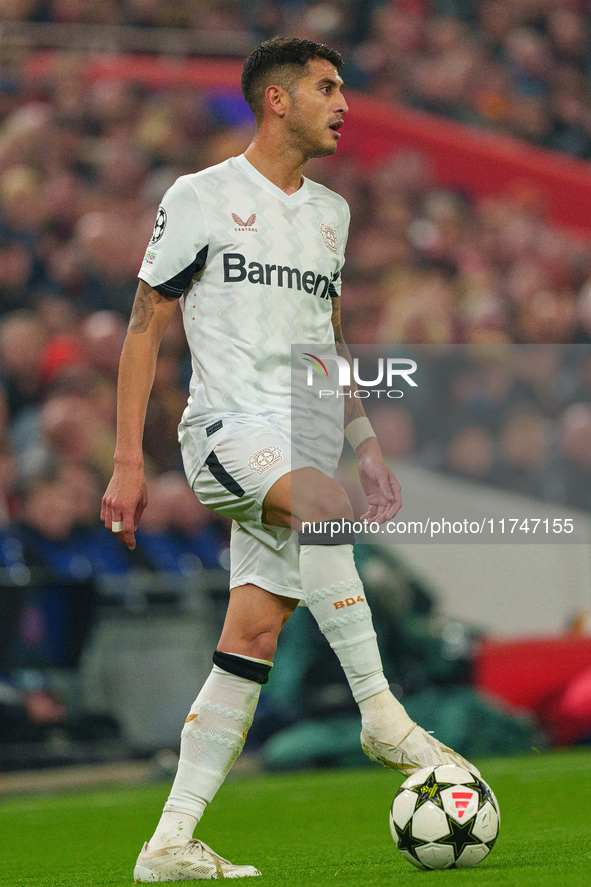 Exequiel Palacios of Bayer Leverkusen participates in the UEFA Champions League 2024/25 League Phase MD4 match between Liverpool and Bayer L...