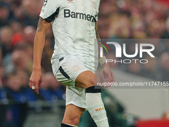 Exequiel Palacios of Bayer Leverkusen participates in the UEFA Champions League 2024/25 League Phase MD4 match between Liverpool and Bayer L...