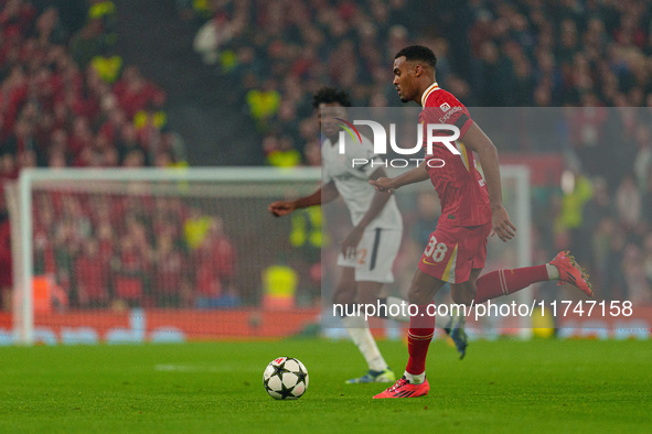 Ryan Gravenberch of Liverpool plays during the UEFA Champions League 2024/25 League Phase MD4 match between Liverpool and Bayer Leverkusen a...