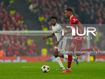 Ryan Gravenberch of Liverpool plays during the UEFA Champions League 2024/25 League Phase MD4 match between Liverpool and Bayer Leverkusen a...