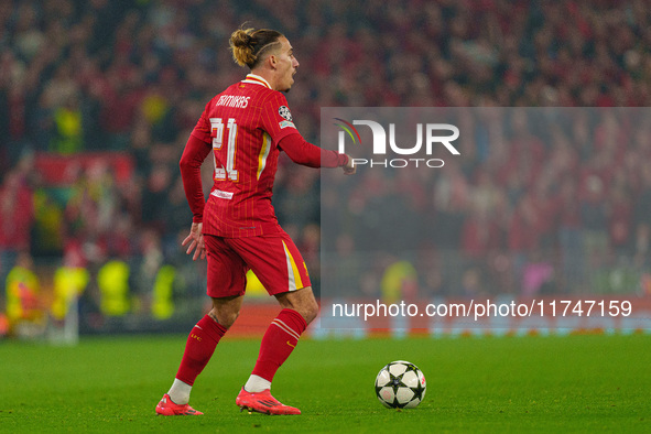 Liverpool's Kostas Tsimikas is in action during the UEFA Champions League 2024/25 League Phase MD4 match between Liverpool and Bayer Leverku...