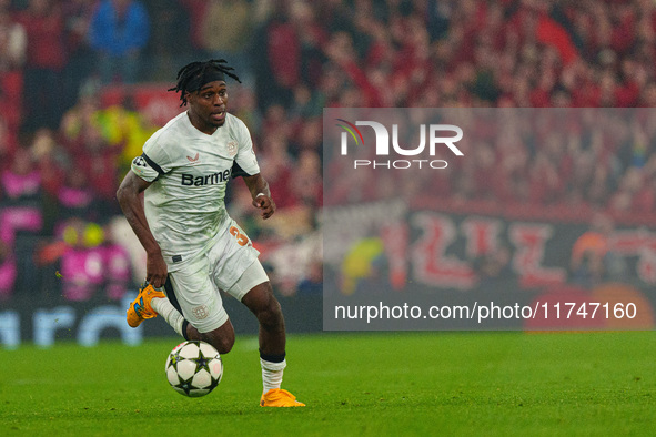 Jeremie Frimpong of Bayer Leverkusen is in action during the UEFA Champions League 2024/25 League Phase MD4 match between Liverpool and Baye...