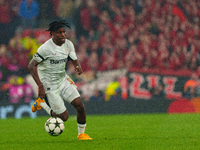 Jeremie Frimpong of Bayer Leverkusen is in action during the UEFA Champions League 2024/25 League Phase MD4 match between Liverpool and Baye...