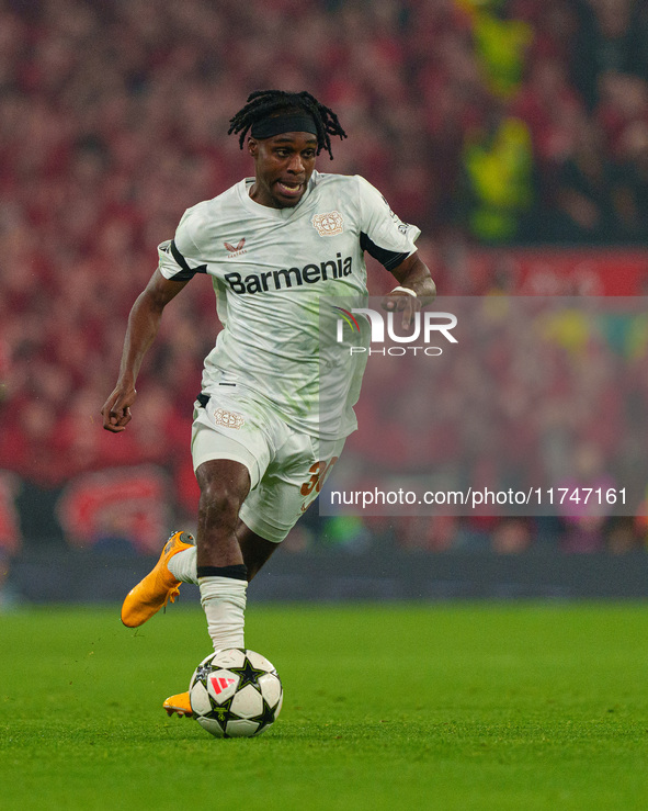 Jeremie Frimpong of Bayer Leverkusen is in action during the UEFA Champions League 2024/25 League Phase MD4 match between Liverpool and Baye...