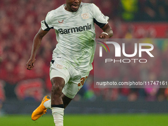 Jeremie Frimpong of Bayer Leverkusen is in action during the UEFA Champions League 2024/25 League Phase MD4 match between Liverpool and Baye...