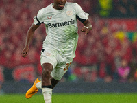 Jeremie Frimpong of Bayer Leverkusen is in action during the UEFA Champions League 2024/25 League Phase MD4 match between Liverpool and Baye...