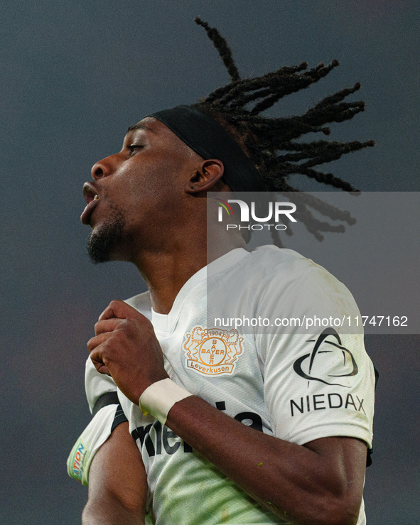 Jeremie Frimpong of Bayer Leverkusen is in action during the UEFA Champions League 2024/25 League Phase MD4 match between Liverpool and Baye...