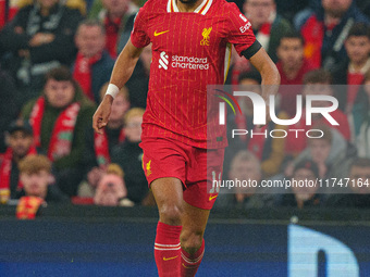 Cody Gakpo plays for Liverpool during the UEFA Champions League 2024/25 League Phase MD4 match between Liverpool and Bayer Leverkusen at Anf...