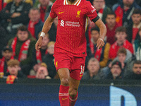 Cody Gakpo plays for Liverpool during the UEFA Champions League 2024/25 League Phase MD4 match between Liverpool and Bayer Leverkusen at Anf...