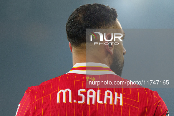 Mohamed Salah of Liverpool plays during the UEFA Champions League 2024/25 League Phase MD4 match between Liverpool and Bayer Leverkusen at A...