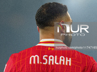 Mohamed Salah of Liverpool plays during the UEFA Champions League 2024/25 League Phase MD4 match between Liverpool and Bayer Leverkusen at A...