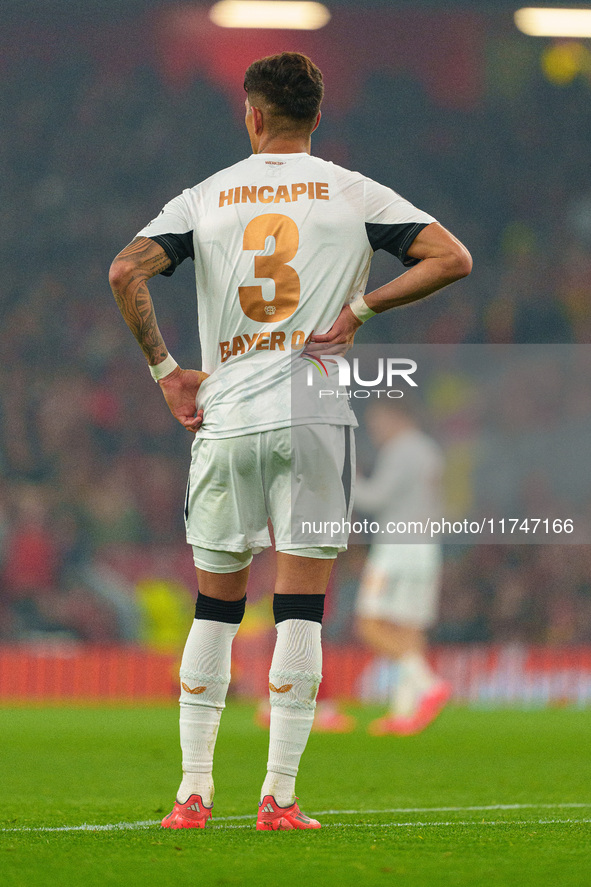 Piero Hincapie of Bayer Leverkusen participates in the UEFA Champions League 2024/25 League Phase MD4 match between Liverpool and Bayer Leve...