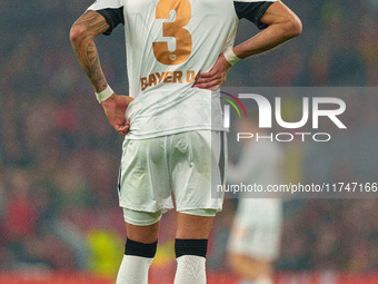 Piero Hincapie of Bayer Leverkusen participates in the UEFA Champions League 2024/25 League Phase MD4 match between Liverpool and Bayer Leve...