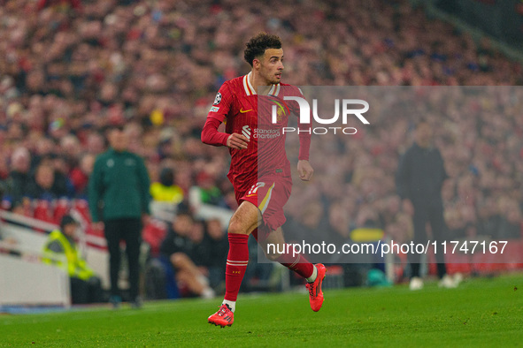 Curtis Jones plays during the UEFA Champions League 2024/25 League Phase MD4 match between Liverpool and Bayer Leverkusen at Anfield in Live...