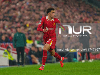 Curtis Jones plays during the UEFA Champions League 2024/25 League Phase MD4 match between Liverpool and Bayer Leverkusen at Anfield in Live...