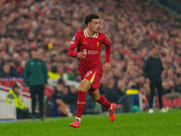 Curtis Jones plays during the UEFA Champions League 2024/25 League Phase MD4 match between Liverpool and Bayer Leverkusen at Anfield in Live...