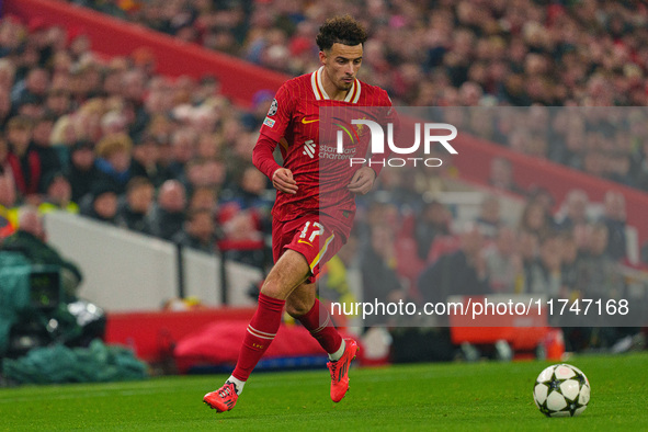 Curtis Jones plays during the UEFA Champions League 2024/25 League Phase MD4 match between Liverpool and Bayer Leverkusen at Anfield in Live...