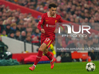 Curtis Jones plays during the UEFA Champions League 2024/25 League Phase MD4 match between Liverpool and Bayer Leverkusen at Anfield in Live...