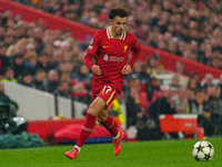 Curtis Jones plays during the UEFA Champions League 2024/25 League Phase MD4 match between Liverpool and Bayer Leverkusen at Anfield in Live...