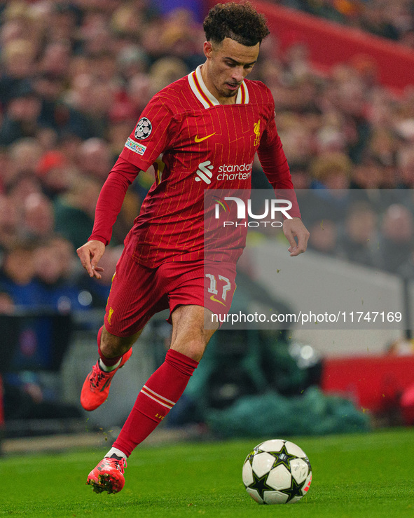 Curtis Jones plays during the UEFA Champions League 2024/25 League Phase MD4 match between Liverpool and Bayer Leverkusen at Anfield in Live...