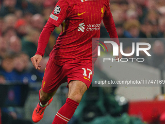 Curtis Jones plays during the UEFA Champions League 2024/25 League Phase MD4 match between Liverpool and Bayer Leverkusen at Anfield in Live...