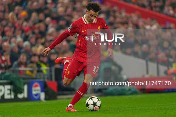 Curtis Jones plays during the UEFA Champions League 2024/25 League Phase MD4 match between Liverpool and Bayer Leverkusen at Anfield in Live...