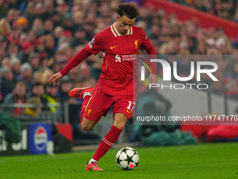 Curtis Jones plays during the UEFA Champions League 2024/25 League Phase MD4 match between Liverpool and Bayer Leverkusen at Anfield in Live...