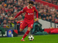 Curtis Jones plays during the UEFA Champions League 2024/25 League Phase MD4 match between Liverpool and Bayer Leverkusen at Anfield in Live...