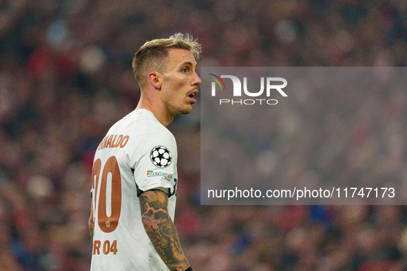 Alex Grimaldo of Bayer Leverkusen participates in the UEFA Champions League 2024/25 League Phase MD4 match between Liverpool and Bayer Lever...